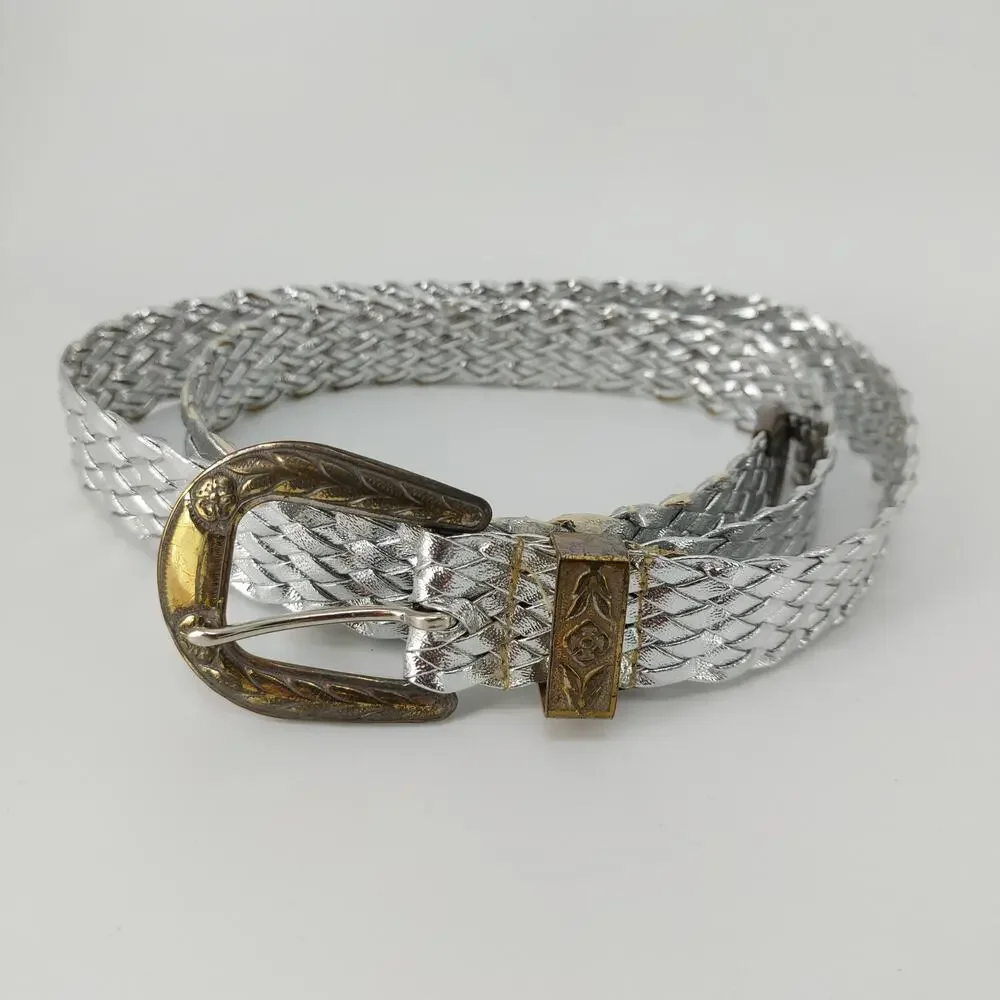 Vintage Womens Small Medium Silver Metallic Braided Belt Disco Festival